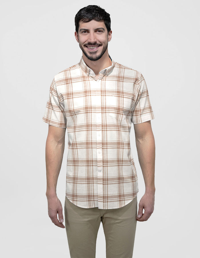 Camisa de Manga Corta Cuadros Beige Estilo Cuadros