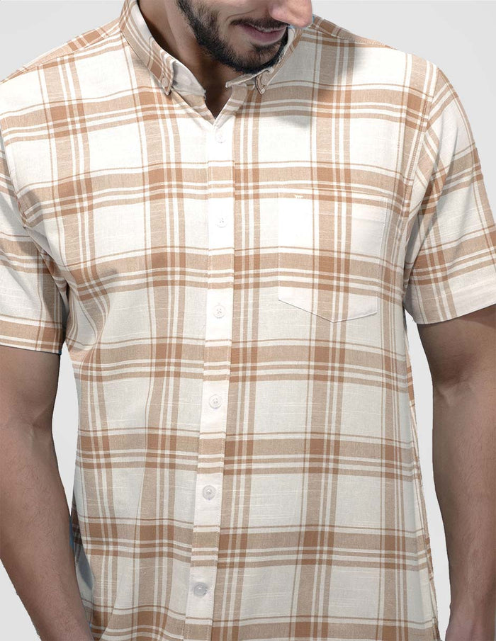 Camisa de Manga Corta Cuadros Beige Estilo Cuadros