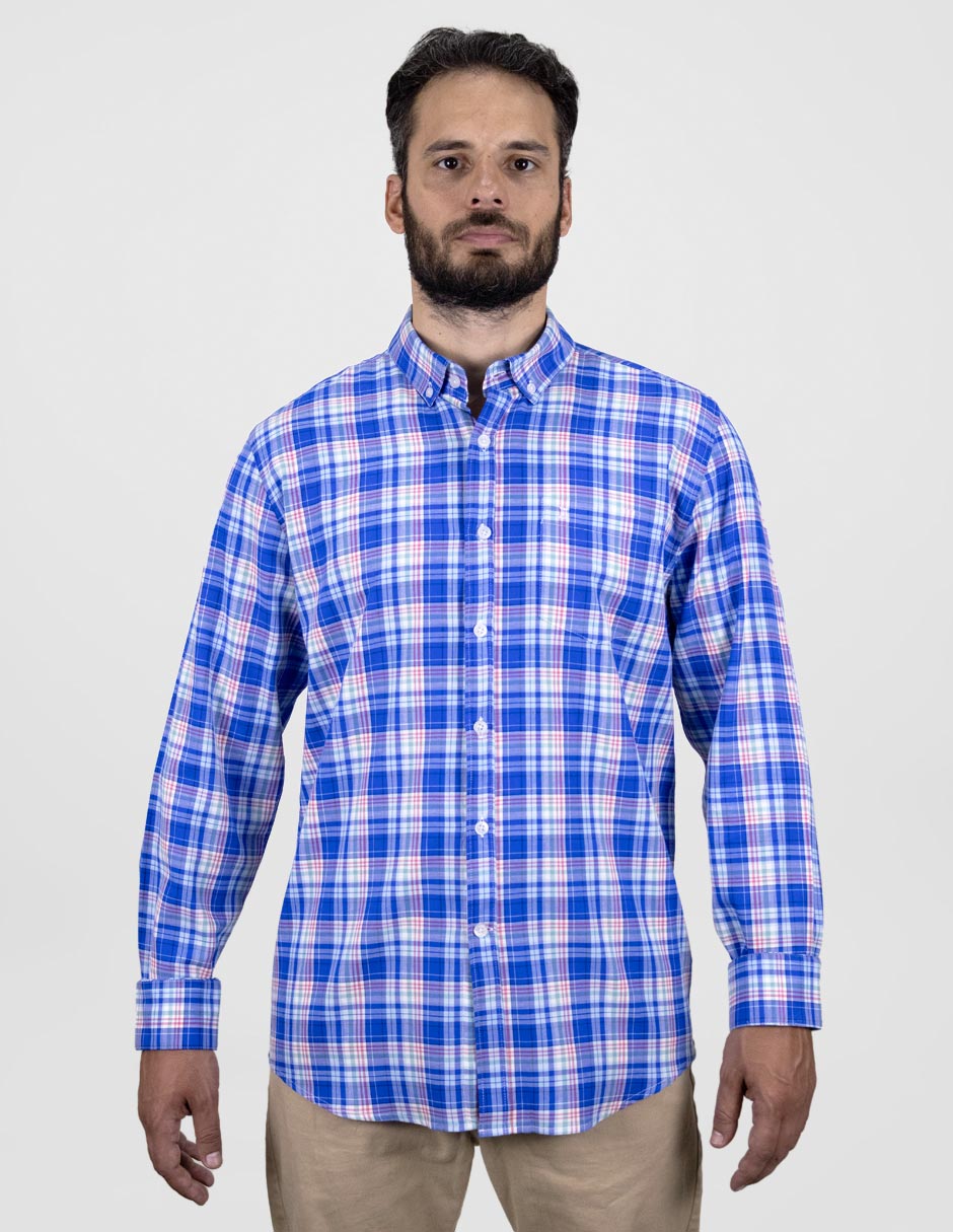 CAMISA MANGA LARGA CUADROS AZUL 100% ALGODÓN REF 2405052