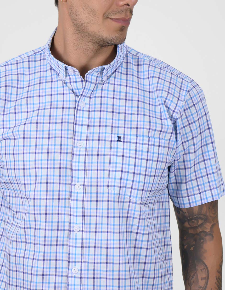 CAMISA MANGA CORTA CUADROS AZUL 100% ALGODÓN REF 2406002