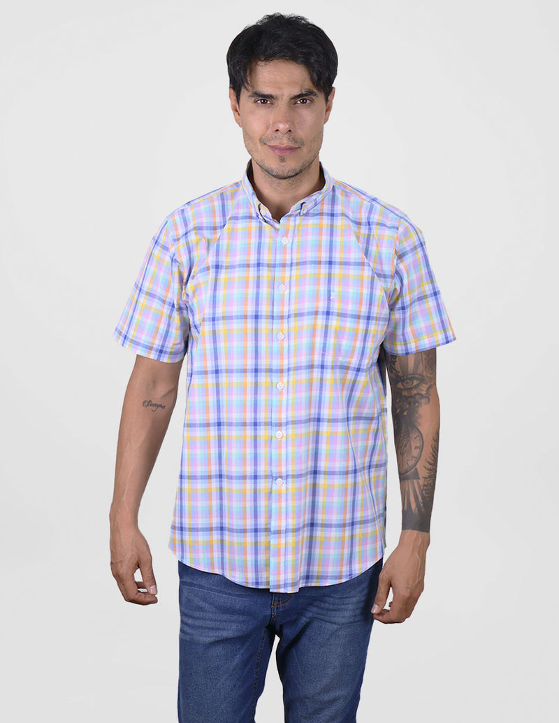 CAMISA MANGA CORTA CUADROS AZUL 100% ALGODÓN REF 2406006