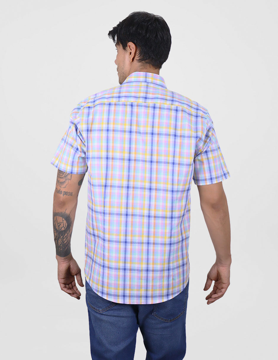 CAMISA MANGA CORTA CUADROS AZUL 100% ALGODÓN REF 2406006