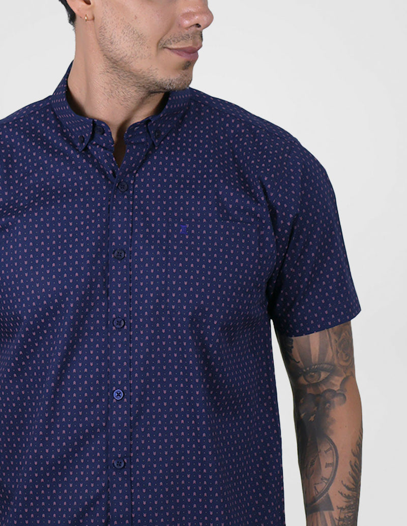 Camisa de Manga Corta Estilo Estampado Azul Marino