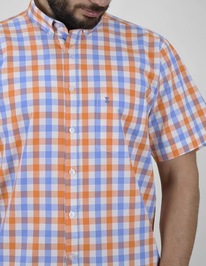 Camisa Casual Manga Corta Naranja Estilo Cuadros