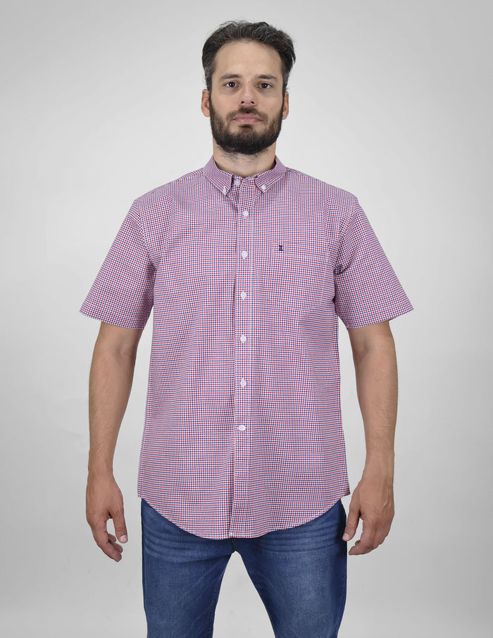 Camisa Casaul Para Caballero Manga Corta Roja Estilo Cuadros