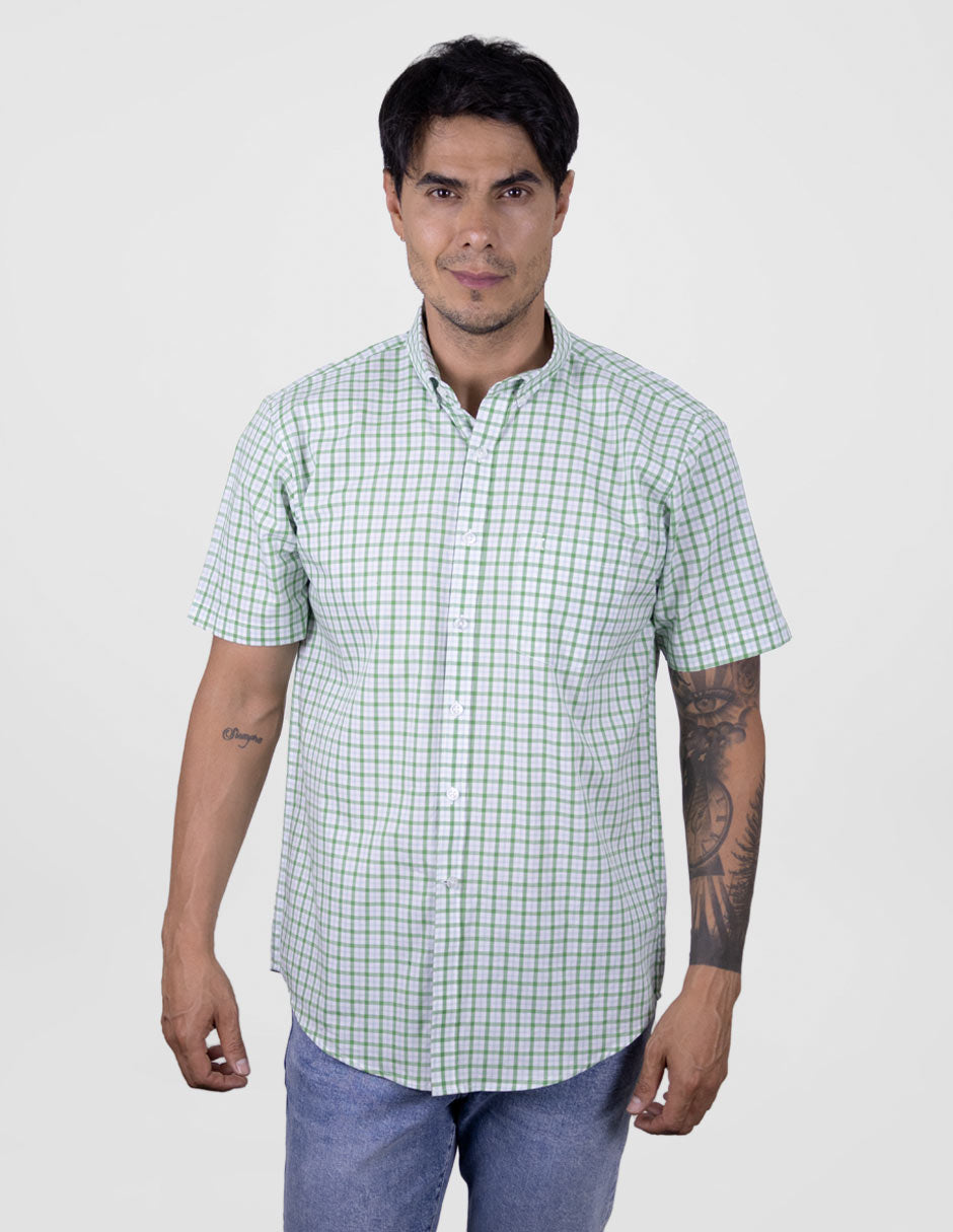 CAMISA MANGA CORTA VERDE CUADROS 100% ALGODÓN REF 2407029