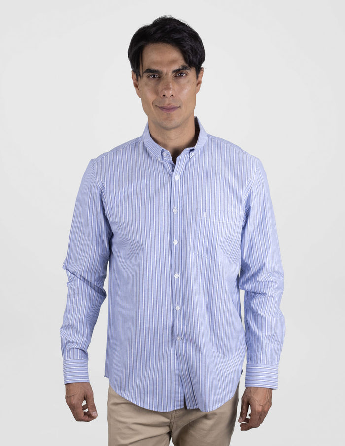 Camisa Manga Larga Azul Estilo Rayas Azul 100% Algodón