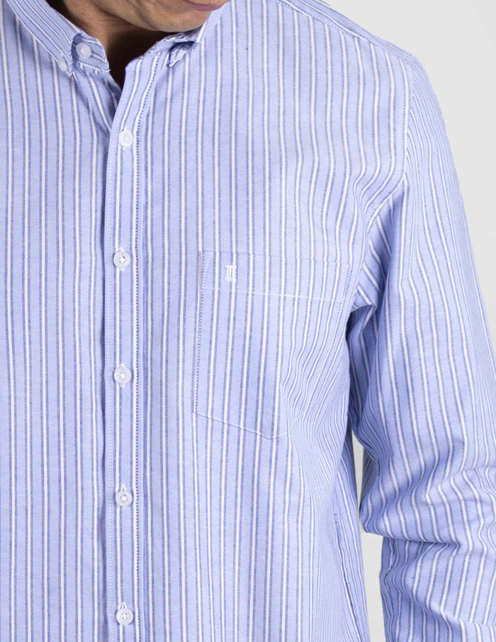 Camisa Manga Larga Azul Estilo Rayas Azul 100% Algodón