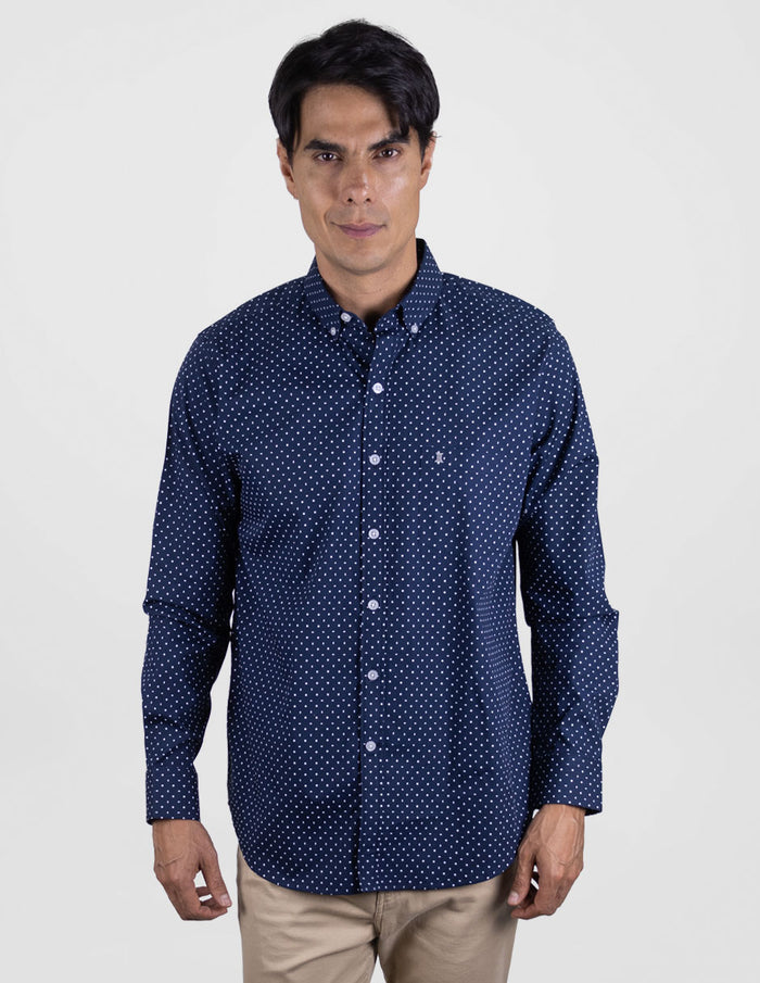 Camisa Para Caballero Casual Manga Larga Azul Estampado 100% Algodón