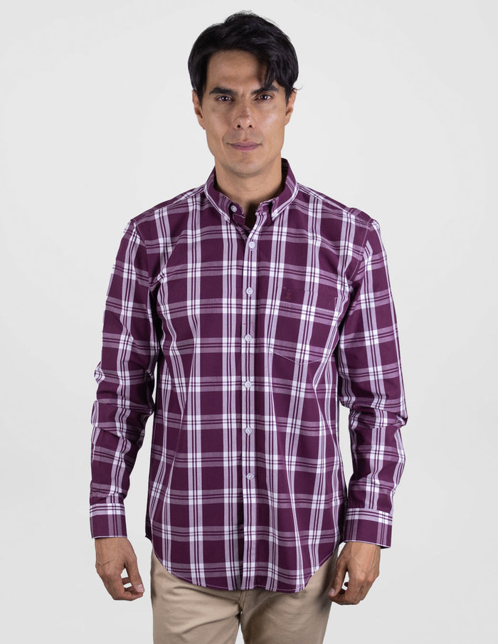 Camisa de Vestir Manga Larga Cuadros Vino | Marca Dioro para Hombre