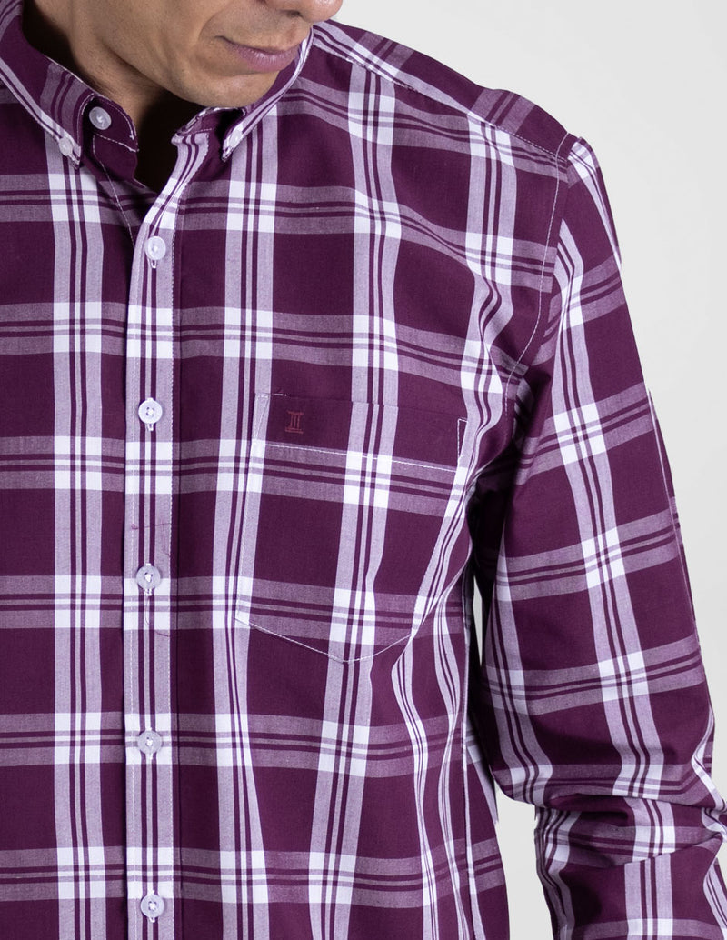 Camisa de Vestir Manga Larga Cuadros Vino | Marca Dioro para Hombre