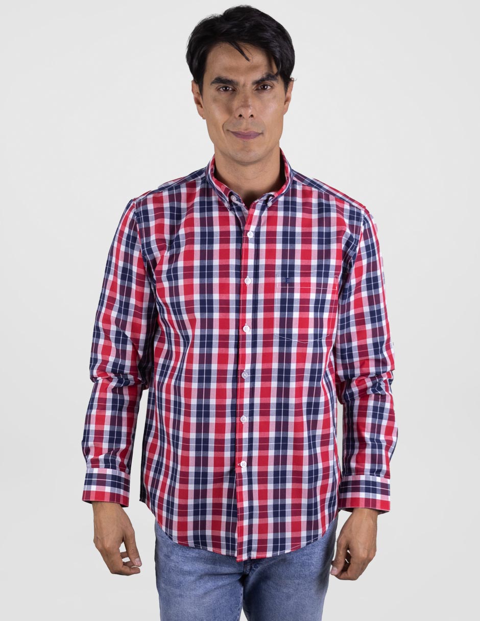 Camisa Para Caballero Manga Larga Estilo Cuadros Roja