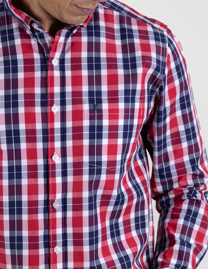 Camisa Para Caballero Manga Larga Estilo Cuadros Roja