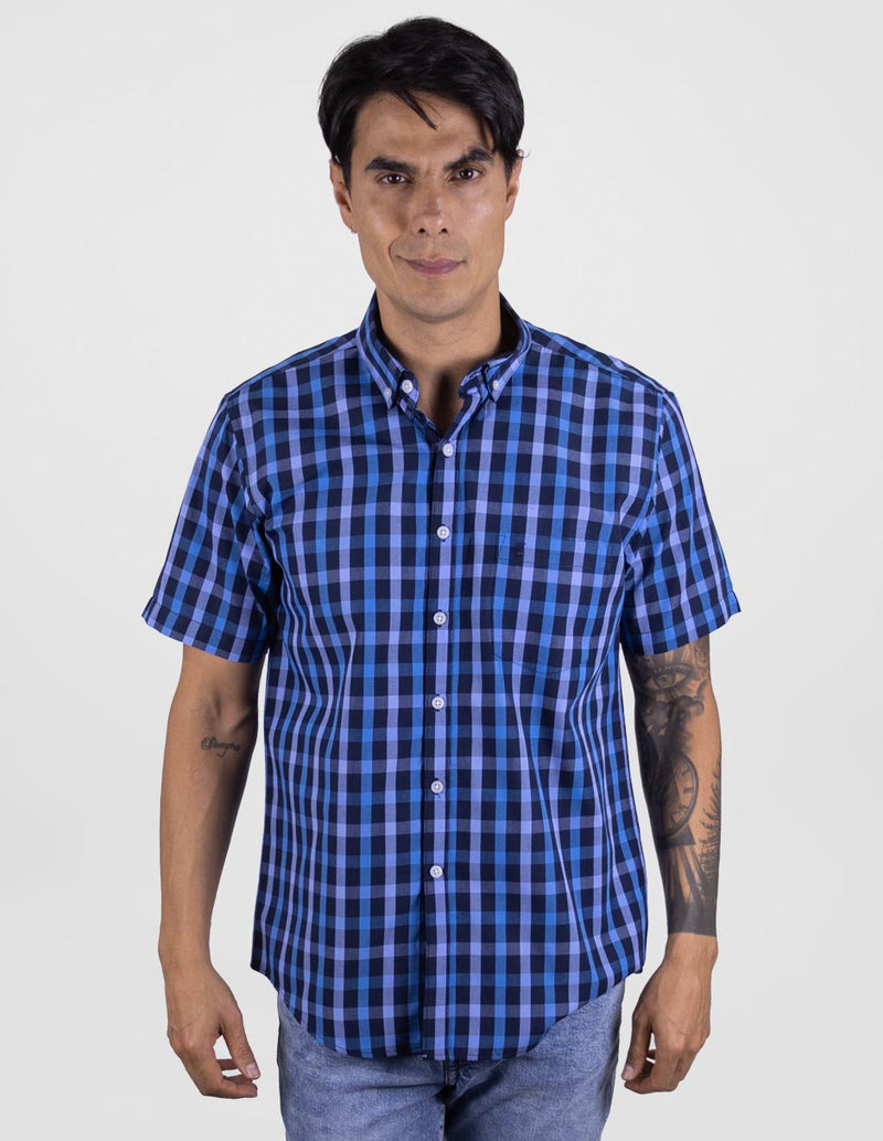 Camisa Para Caballero Casual Manga Corta Cuadros Azul Marino