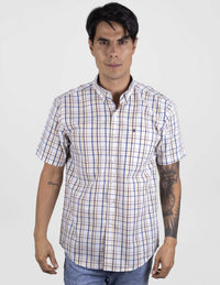 Camisa Para Caballero Casual Manga Corta Cuadros Beige