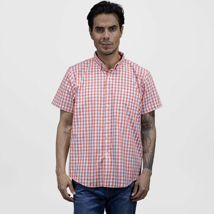 Camisa de Vestir Manga Corta de Cuadros Naranja