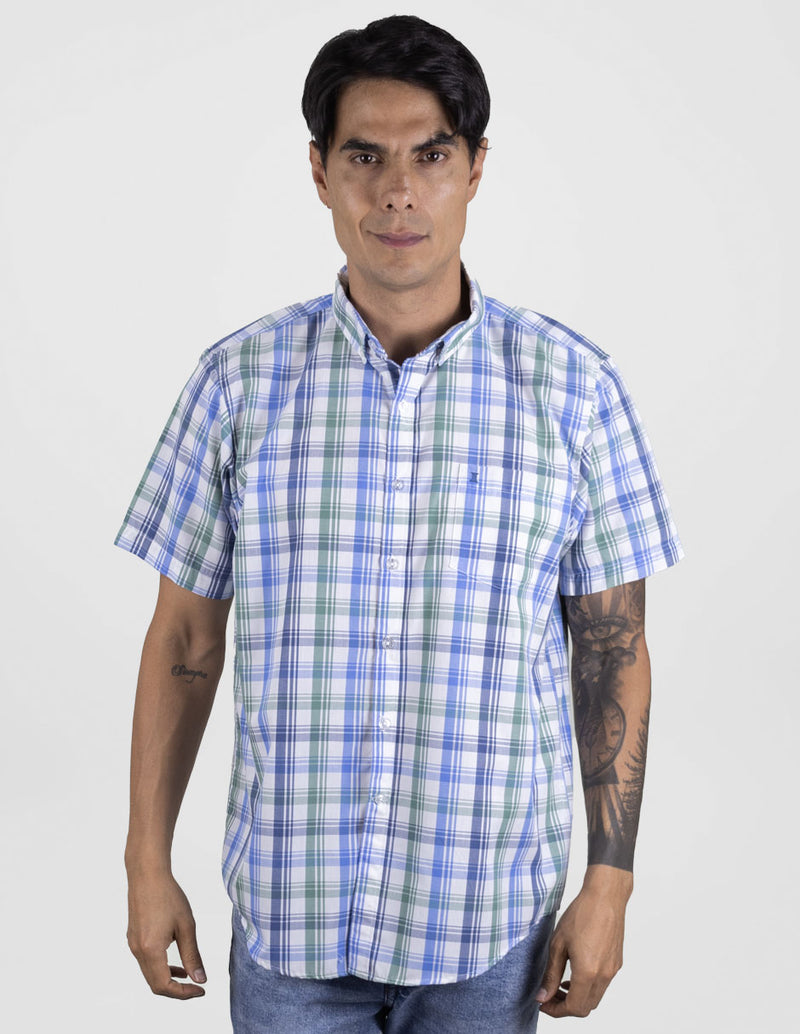 Camisa Para Caballero Casual Manga Corta Cuadros Azul