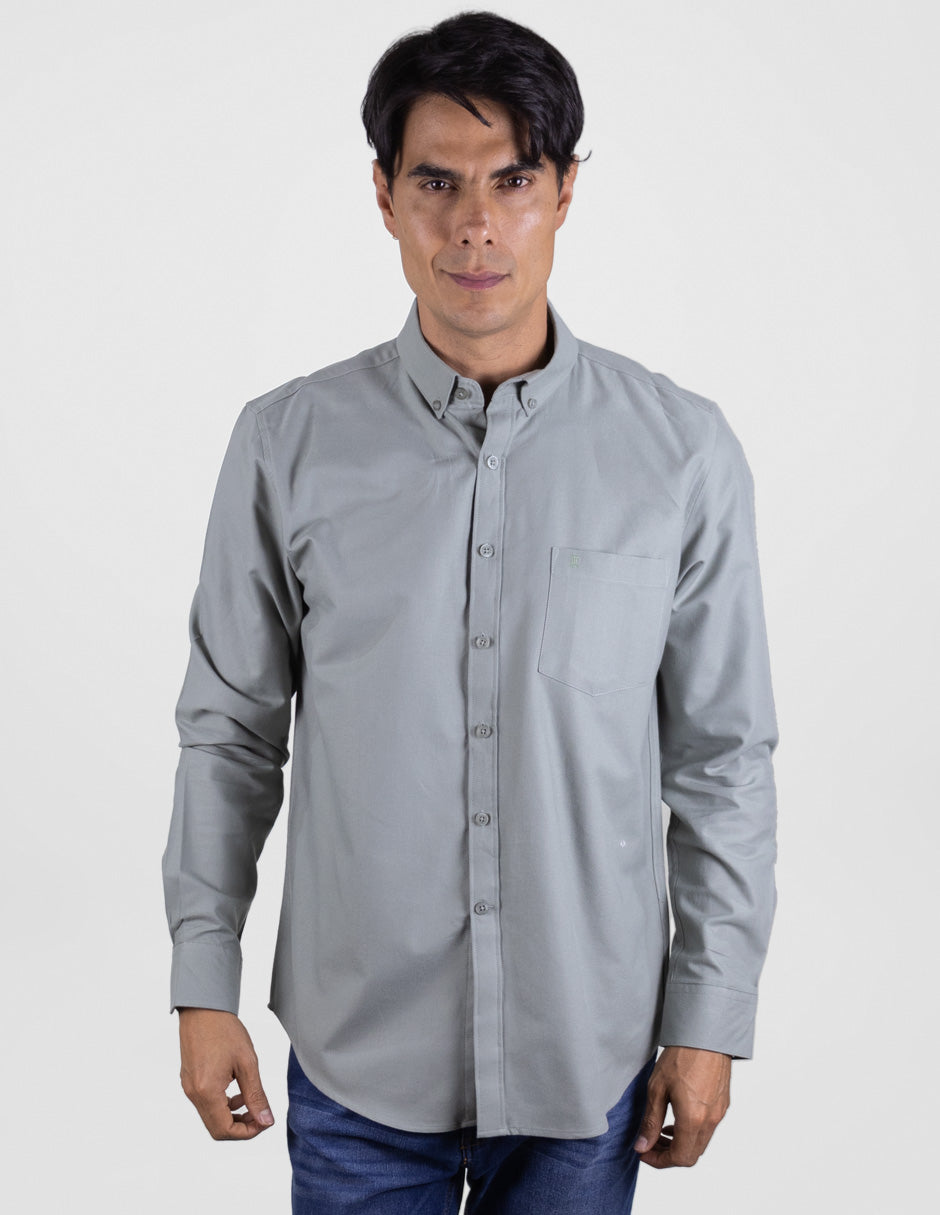 Camisa Casual de Caballero Manga Larga Estilo Liso Color Gris 100% Algodón