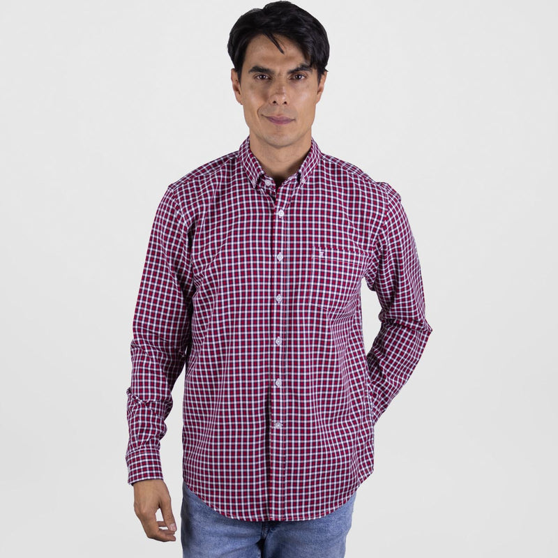 Camisa de Vestir de Bambú Casual de Cuadros Rojos