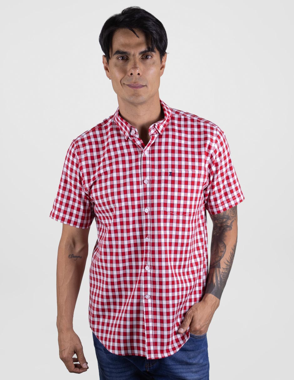 Camisa Casual de Bambú Manga Corta Estilo Cuadros Roja