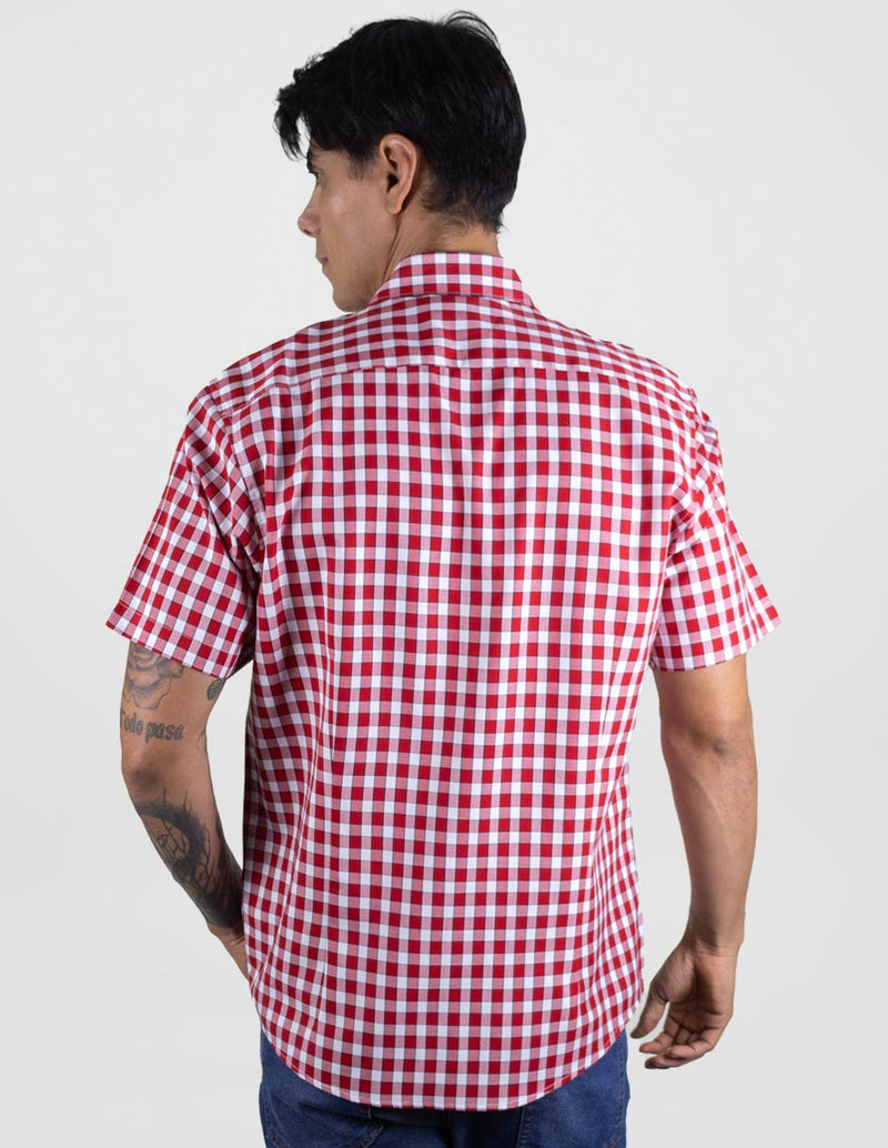 Camisa Casual de Bambú Manga Corta Estilo Cuadros Roja