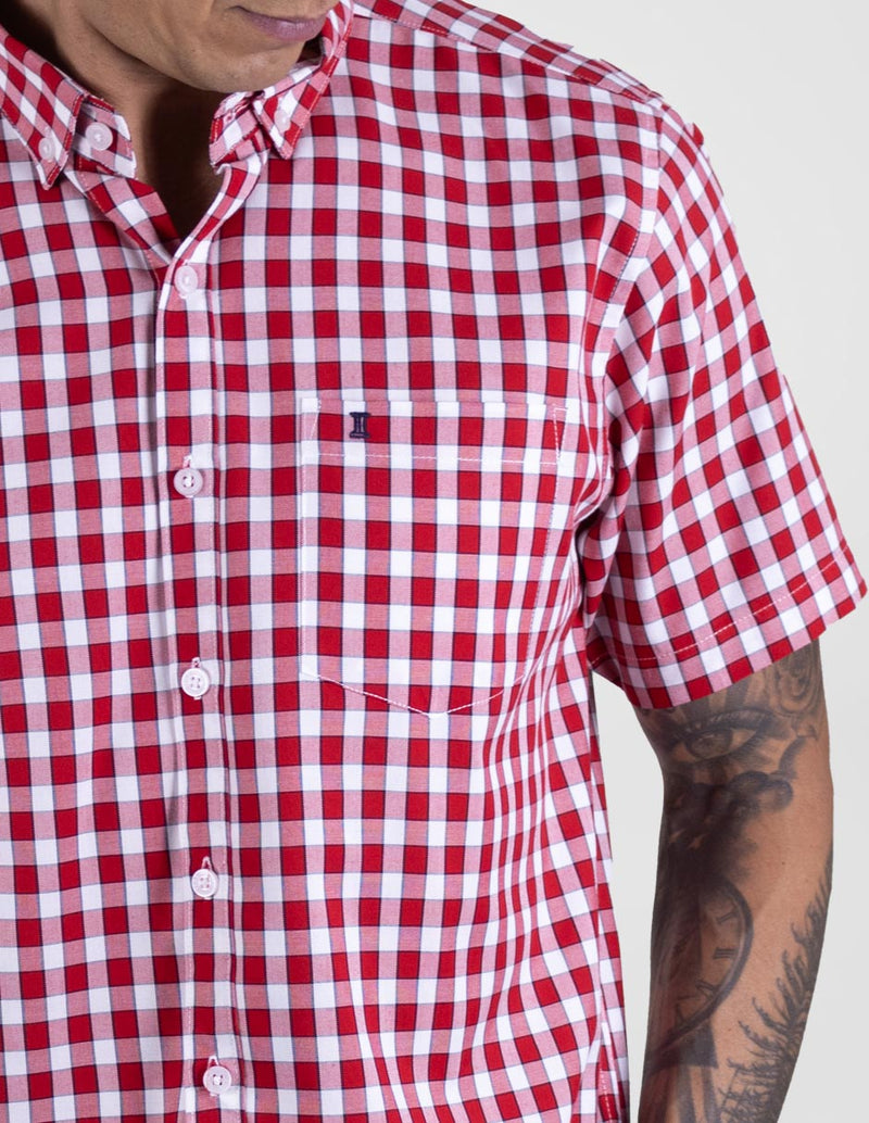 Camisa Casual de Bambú Manga Corta Estilo Cuadros Roja