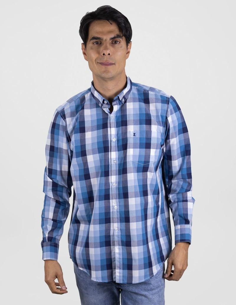 Camisa Manga Larga Casual Para Caballero Estilo Cuadros Azul