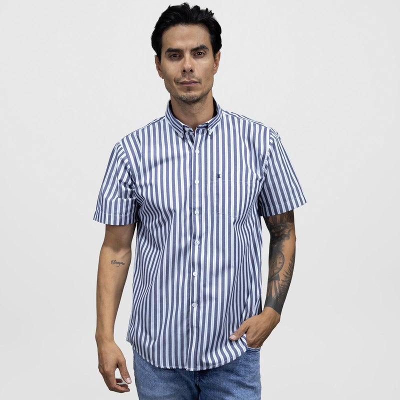 Camisa Casual Manga Corta Estilo Rayas Azul 100% Algodón