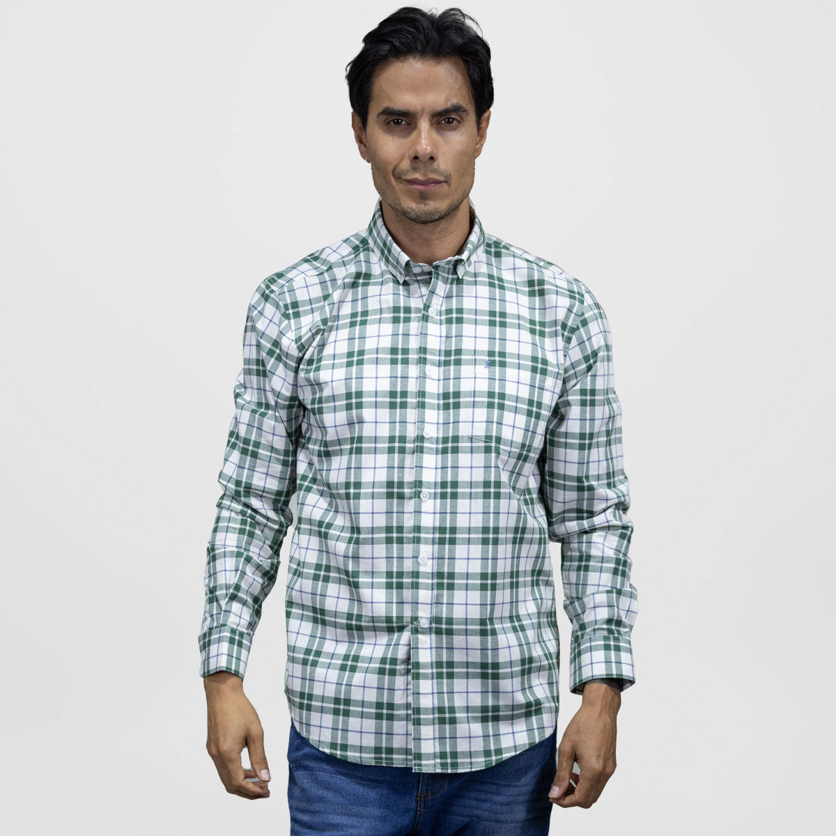 Camisa Manga Larga de Cuadros Verde de Algodón