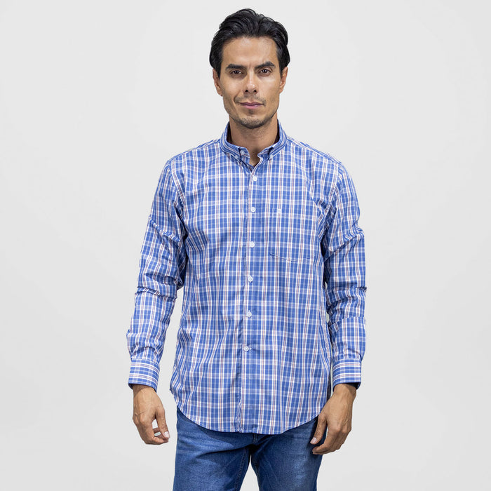 Camisa de Vestir Manga Larga Estilo Cuadros Azul de Bambú