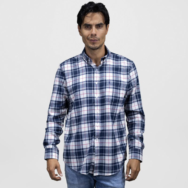 Camisa Casual de Franela Manga Larga Azul Estilo Cuadros