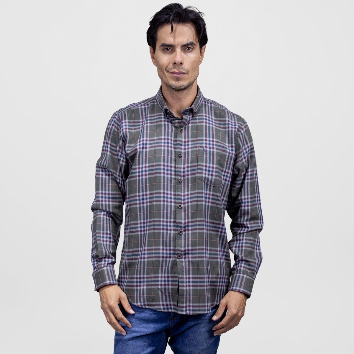 Camisa Casual de Franela Manga Larga Verde Musgo Estilo Cuadros