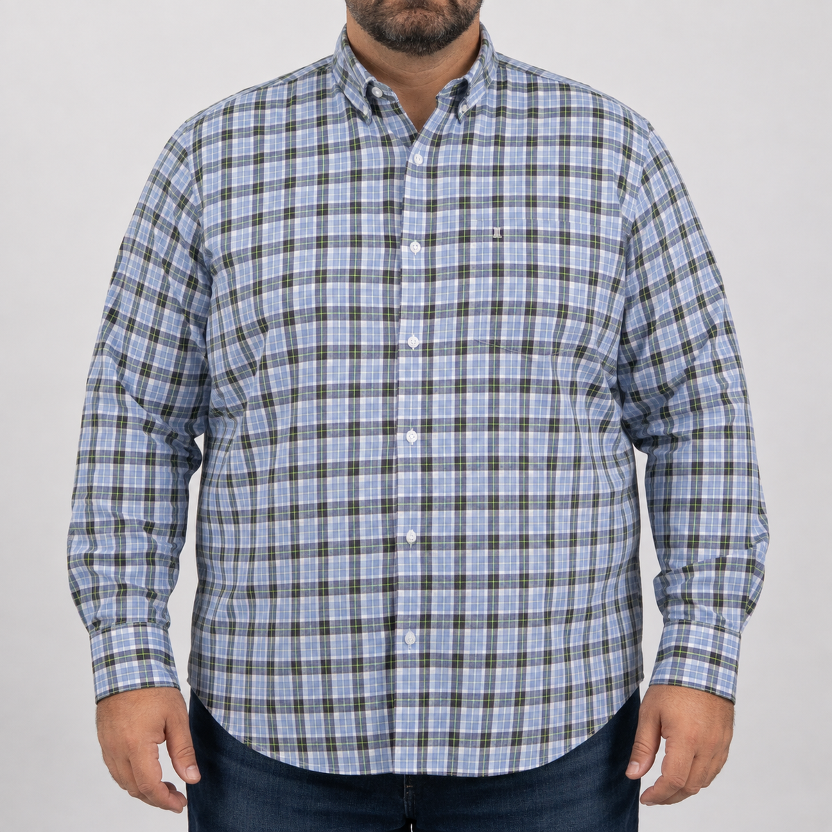 Camisa Cuadros Azul Manga Larga 100% Algodón Talla Extra 2615042