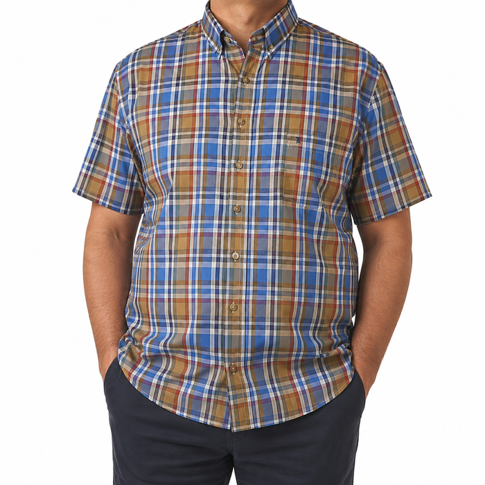 Camisa Cuadros Multicolor Manga Corta Talla Extra 100% Algodón 2307038