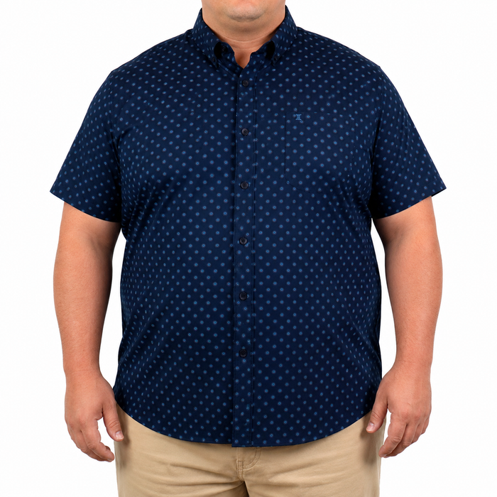 Camisa Manga Corta Azul con Estampado 100% Algodón para Hombre en Tallas Extras 2313011