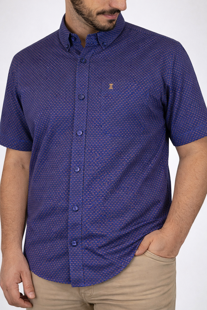 Camisa Manga Corta Azul con Estampado 100% Algodón para Hombre en Tallas Extras 2302048
