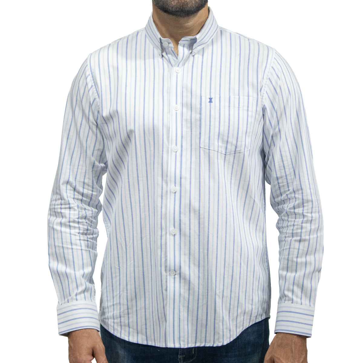 Camisa Rayas Azul Manga Larga 100% Algodón 2608161