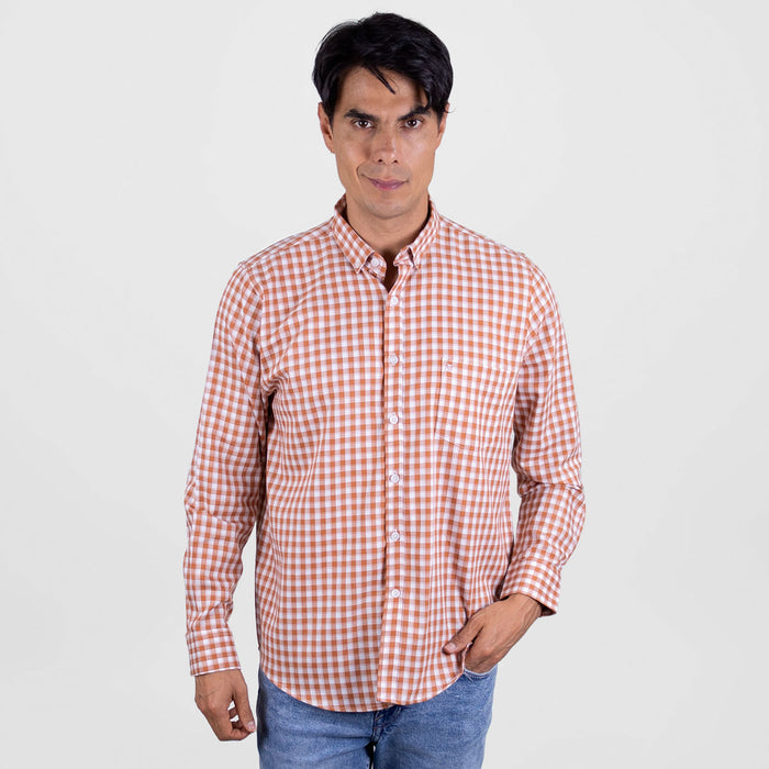 Camisa de Vestir Manga Larga Cuadros Naranjas | Marca Dioro | 100% Algodón para Hombre