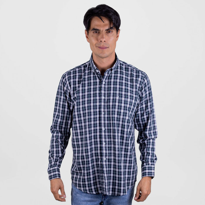 Camisa de Vestir Manga Larga Azul Oscuro de Cuadros | Marca Dioro | 100% Algodón para Hombre