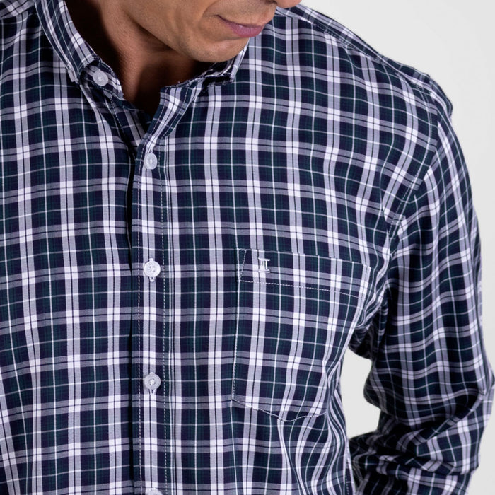 Camisa de Vestir Manga Larga Azul Oscuro de Cuadros | Marca Dioro | 100% Algodón para Hombre