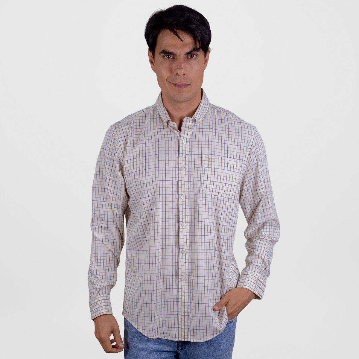 Camisa de Manga Larga para Caballero Estilo Cuadros Beige | Marca Dioro para Hombre