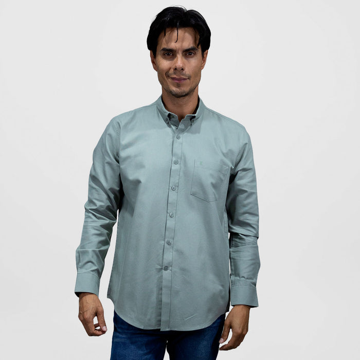 Camisa Casual de Caballero Manga Larga Estilo Lisa Color Verde 100% Algodón