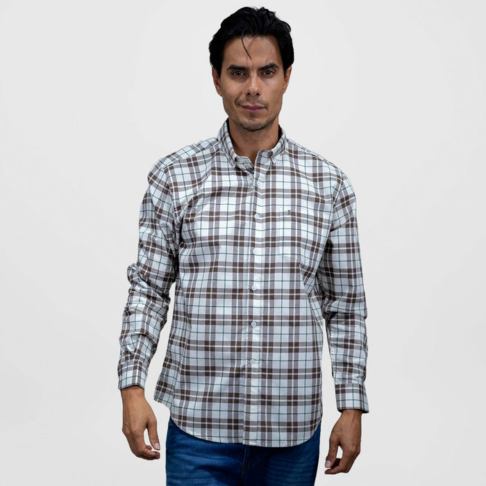 Camisa de Manga Larga de Cuadros Café | Marca Dioro | 100% Algodón para Hombre