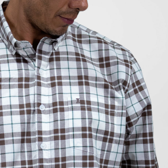 Camisa de Manga Larga de Cuadros Café | Marca Dioro | 100% Algodón para Hombre
