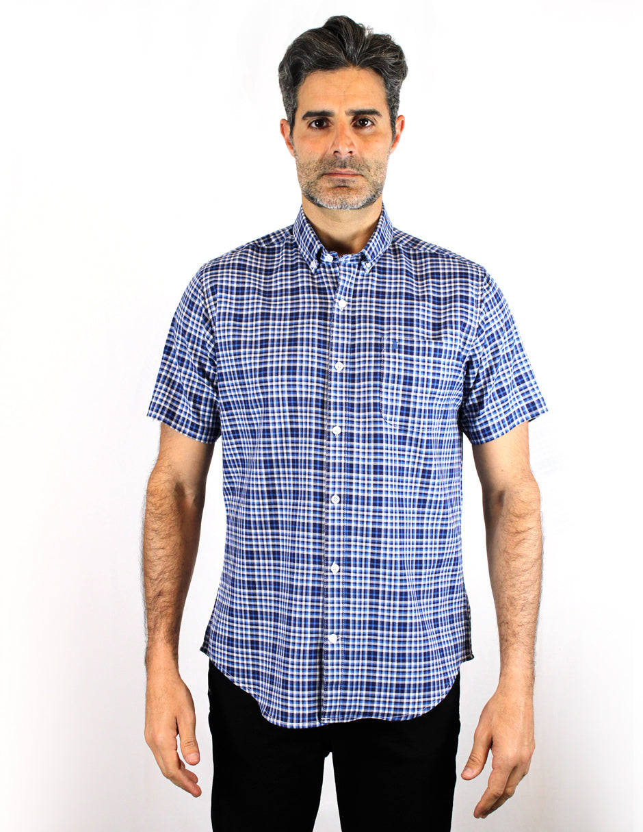 CAMISA MANGA CORTA CUADRO AZUL 100% ALGODÓN  REF 2012276