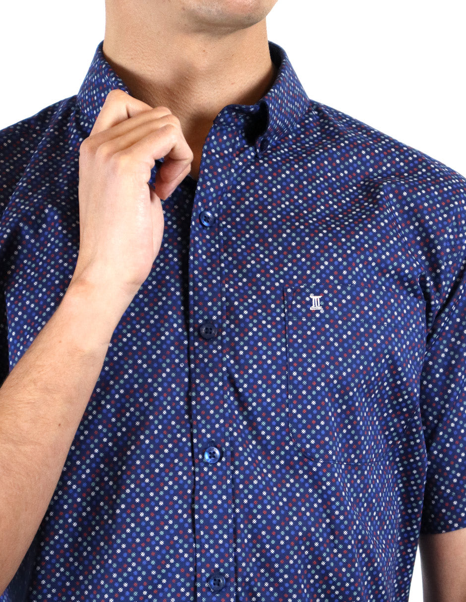 Camisa Azul de Manga Corta con Estampado 100% Algodón