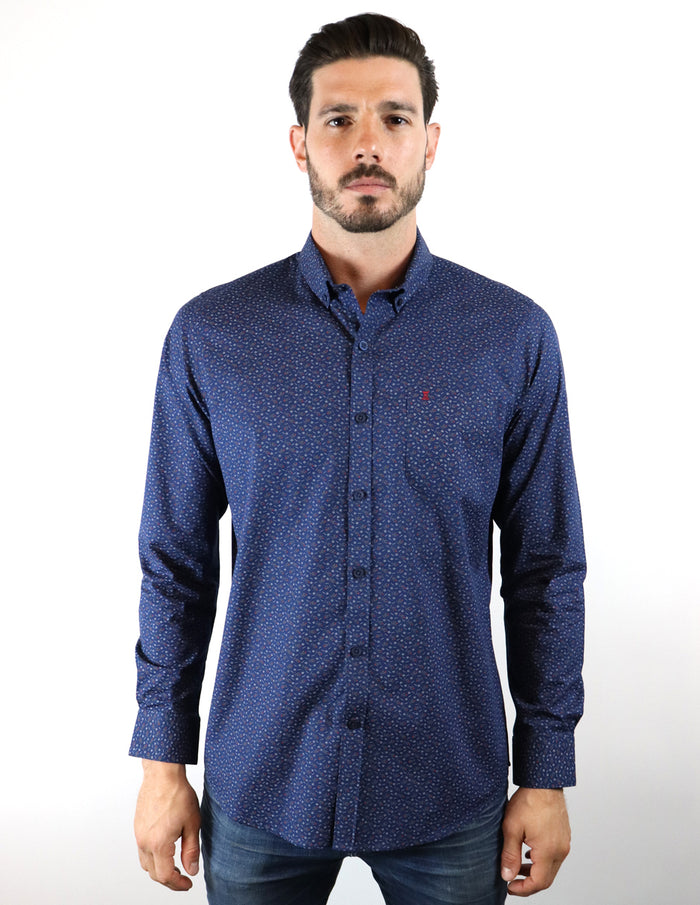 CAMISA MANGA LARGA AZUL ESTAMPADO 100% ALGODÓN  REF 2204051