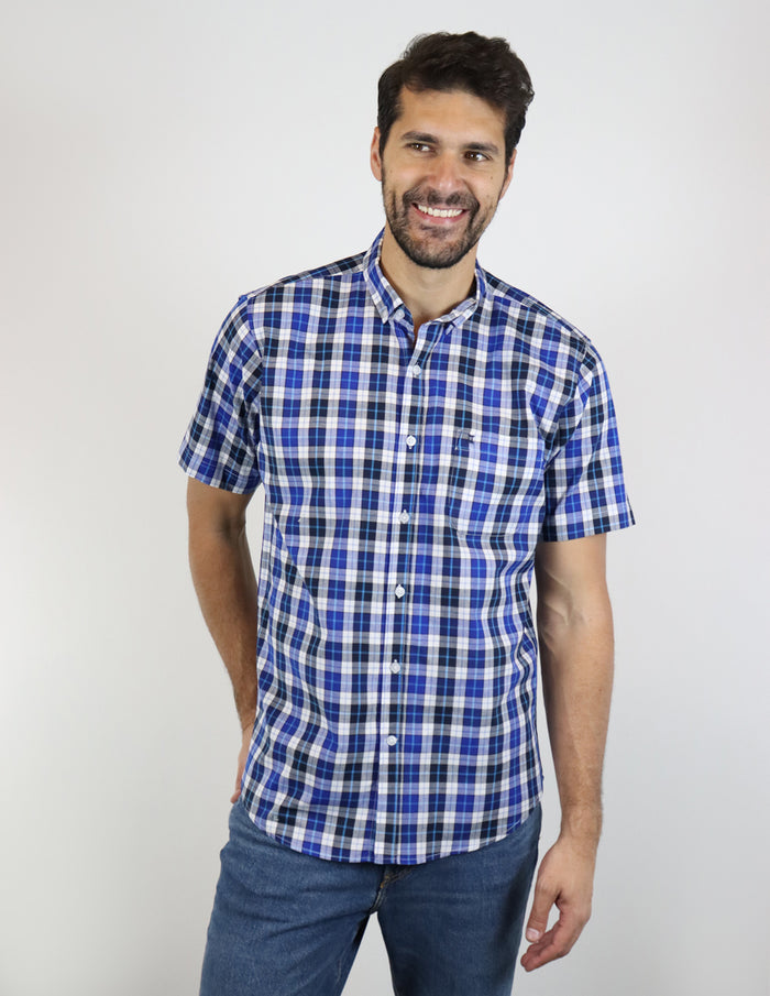 CAMISA MANGA CORTA AZUL CUADROS 100% ALGODÓN REF 2210316