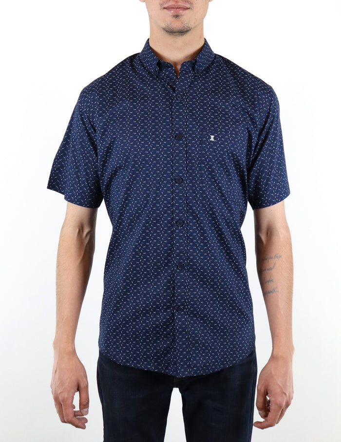 CAMISA MANGA CORTA AZUL ESTAMPADO 100% ALGODON