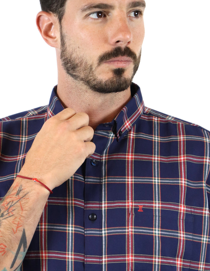 Camisa Manga Corta de Vestir Estilo Cuadros Azul